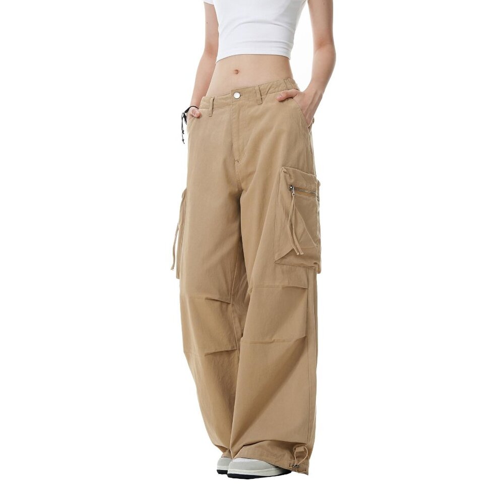 Womens Parachute Khaki/TAN Cargo Pants Y2K Baggy Wide Leg Casual Joggers XL NEW